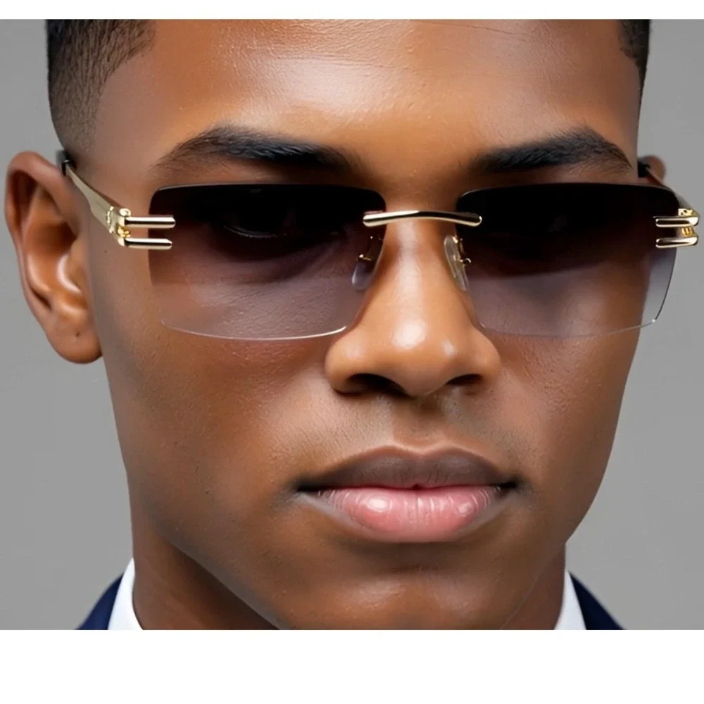 Men's Square Rimless Gold Frame Purple Gradient Tint Hip Hop‎ Sunglasses